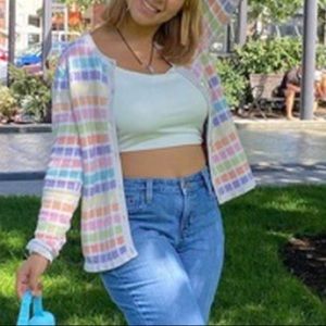 a colorful cardigan